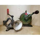 A cast iron Spong mincer together with a Spong knife polisher, Knife polisher H. 23cm.