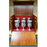 A wooden presentation cased set of six pewter goblets, 40cm x 24cm x 26cm.