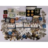 A box of mixed mint condition bank notes, silver and other coins.