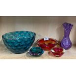 Five good glass items, largest Dia. 25cm.