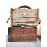 Two vintage pine boxes with advertising and a vintage garden sieve.