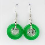 A pair of rhodium plated silver and jade drop earrings, jade dia. 18mm.