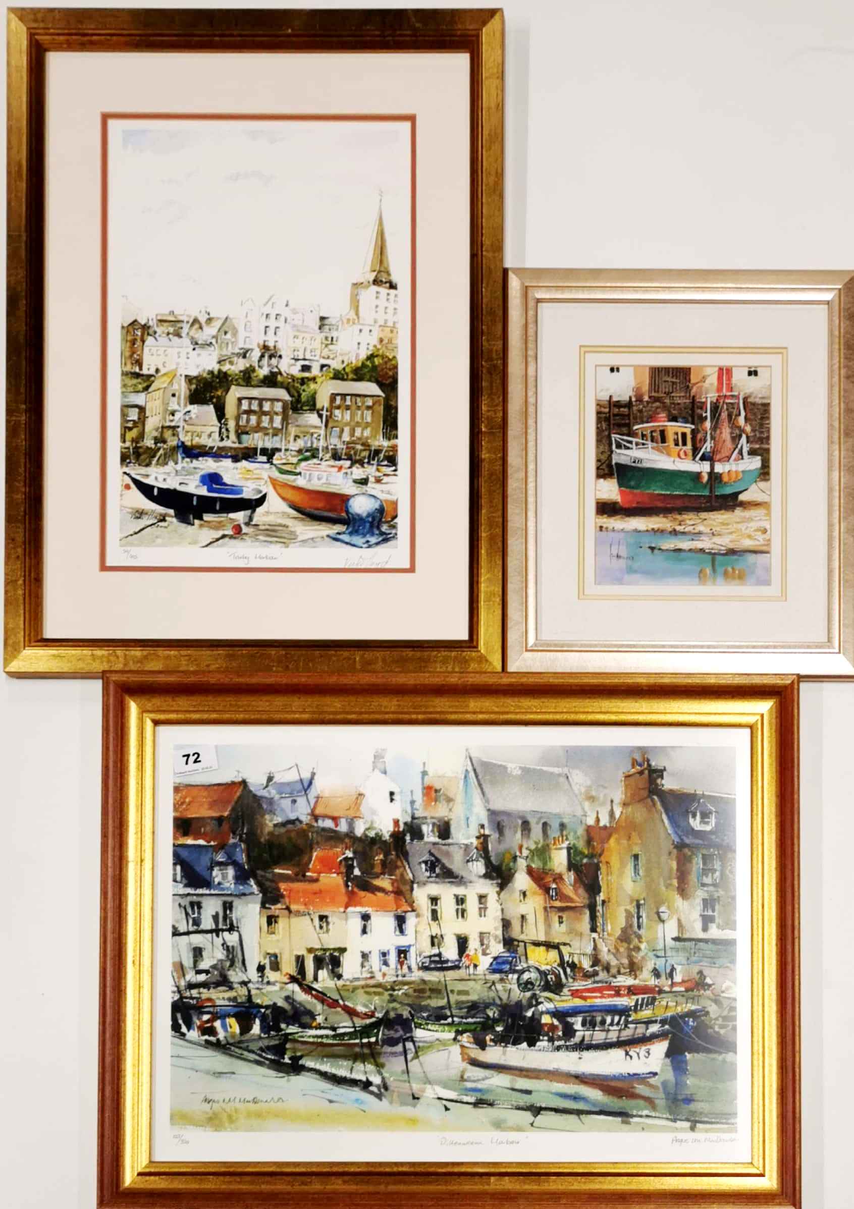 A gilt framed pencil signed limited edition 103/350 print of Pittonweem harbour by Angus LM