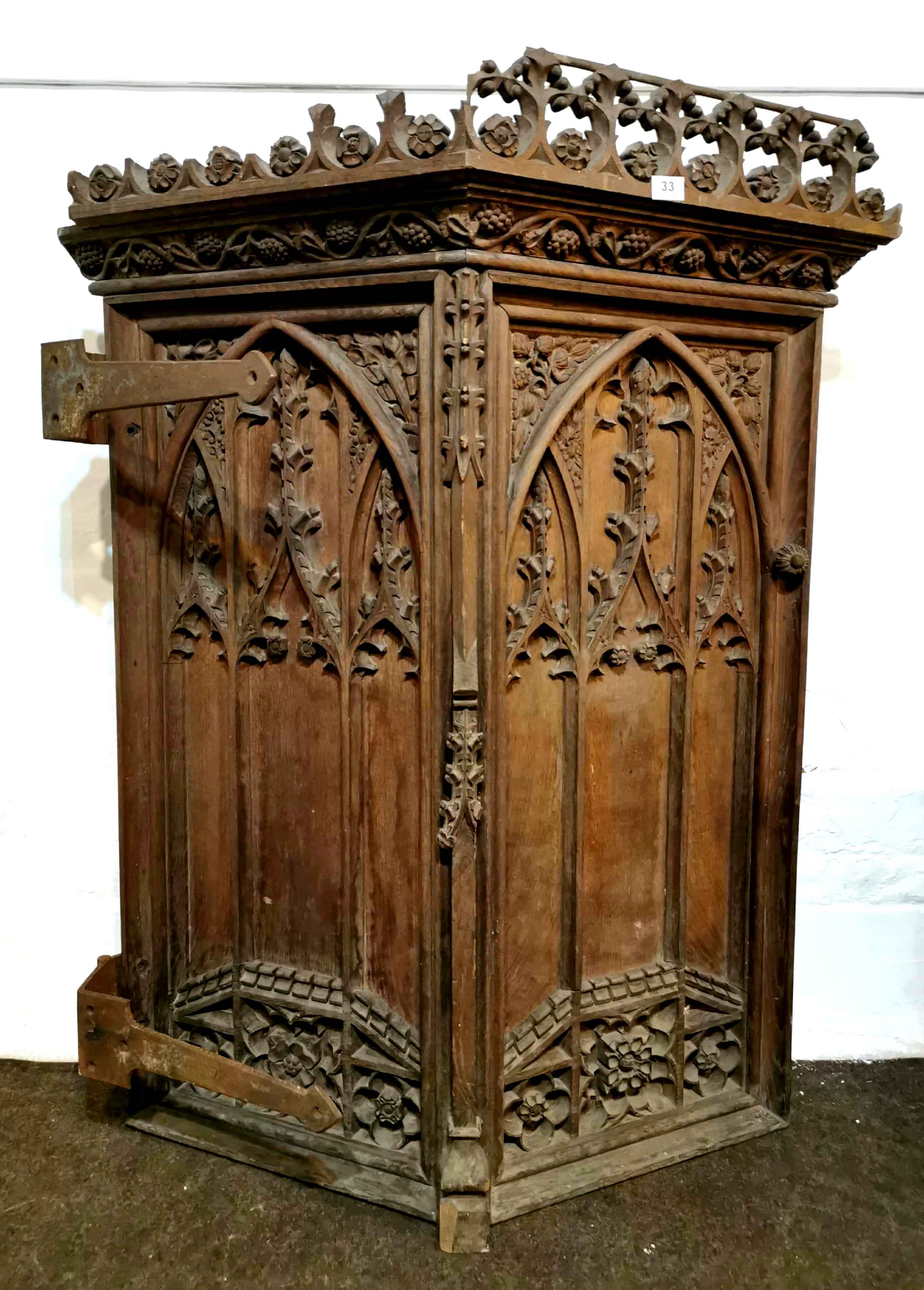 An 17th / 18th C carved church pulpit door with original iron hinges, H. 120cm x 86cm.