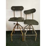 Two early 20th C fibreboard and metal adjustable machinist chairs, seat lowest H. 66cm.