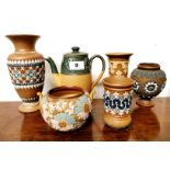 A collection of six Doulton Lambeth stoneware items, tallest 20cm.