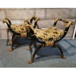 A pair of superb 1920's / 30's hand carved, painted and gilt Savonarola upholsted stools on lions
