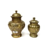 Two early 20th Century Chinese bronze/brass jars and lids, one decorated with dragons, H. 23cm H.