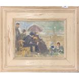An early 20th Century Impressionist style oil on panel of a beach scene, frame size 50 x 42cm.