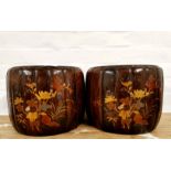 A pair of Japanese barrel style Shibayama decorated wooden planters with copper liners, dia. 30cm,