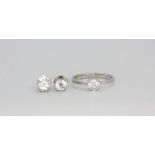 A pair of 925 silver stud earrings and matching ring set with white topaz, (N).