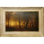A very large 19th C. framed oil on canvas of a woodland sunrise, signed Mascotti. Frame size 183cm x