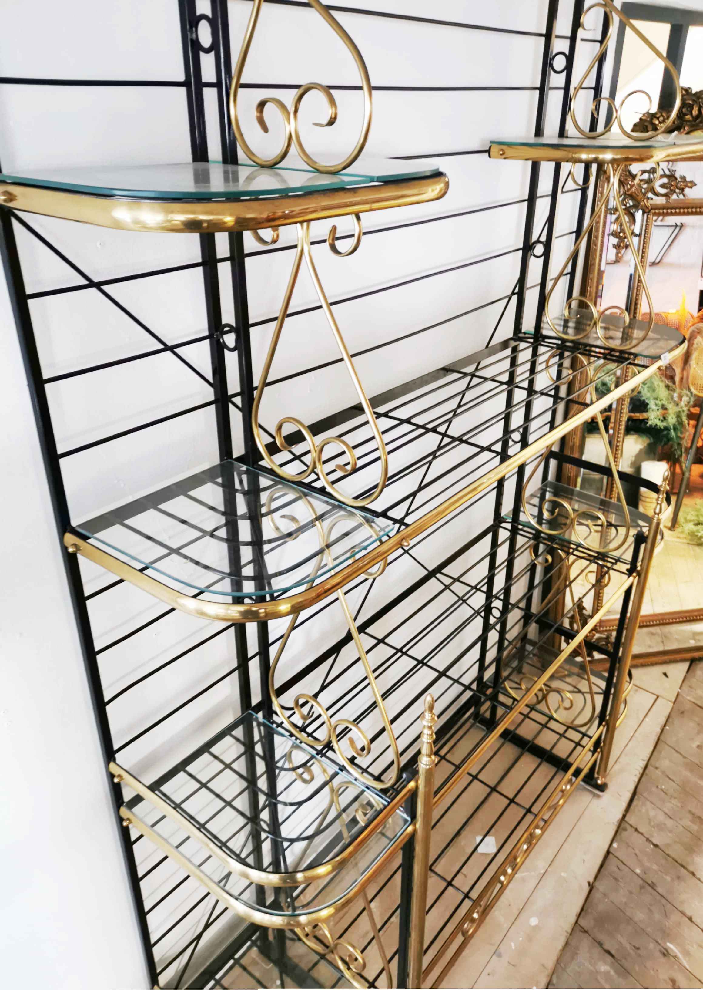 A superb large gilt brass painted metal and glass baker's rack shelving unit, W. 148cm x H. 220cm. - Image 2 of 3