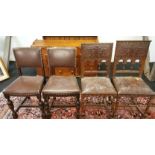 A pair of French pressed leather upholsted oak hall chairs, a pair of 1920's chairs and a later