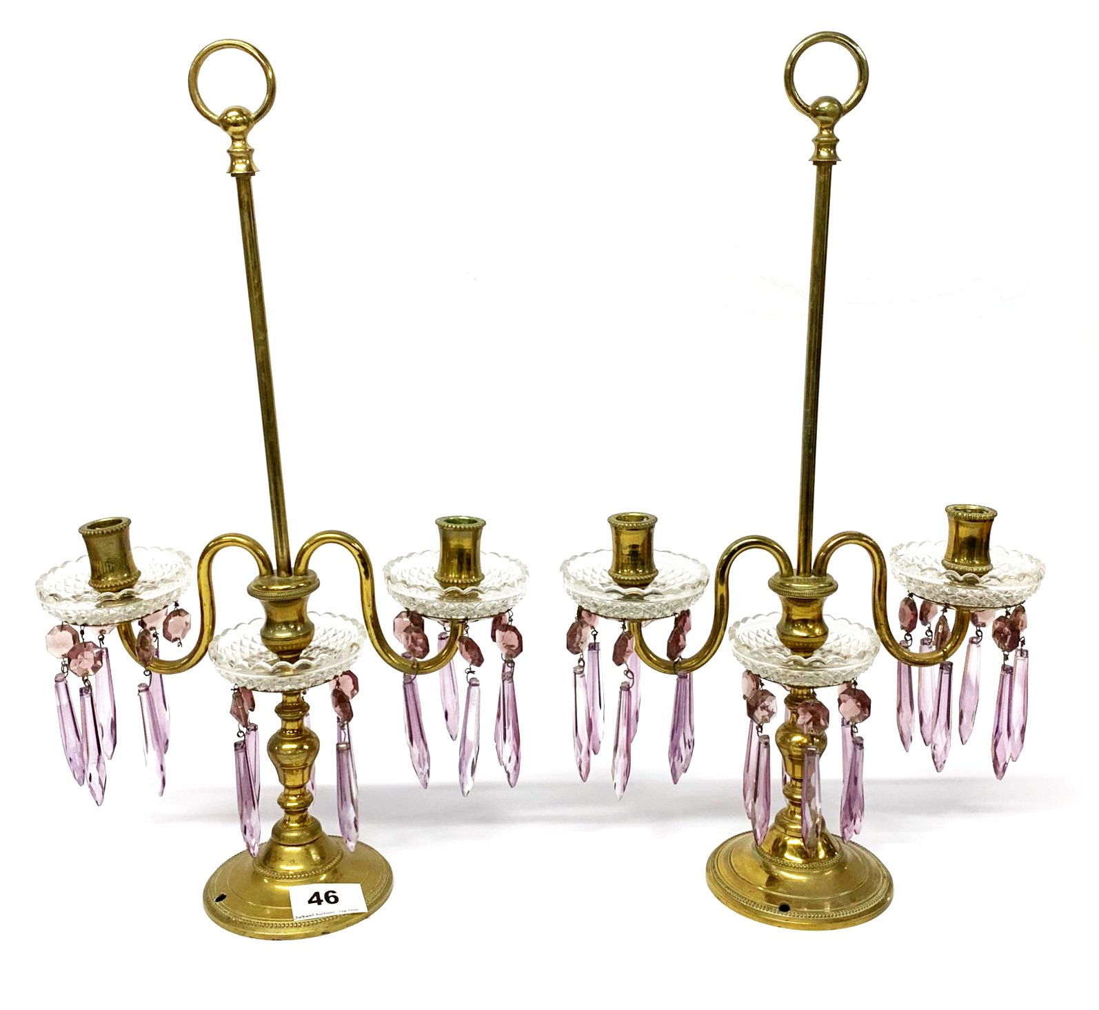 A pair of 19th Century gilt brass and glass portable candelabra with amethyst coloured drops, H.