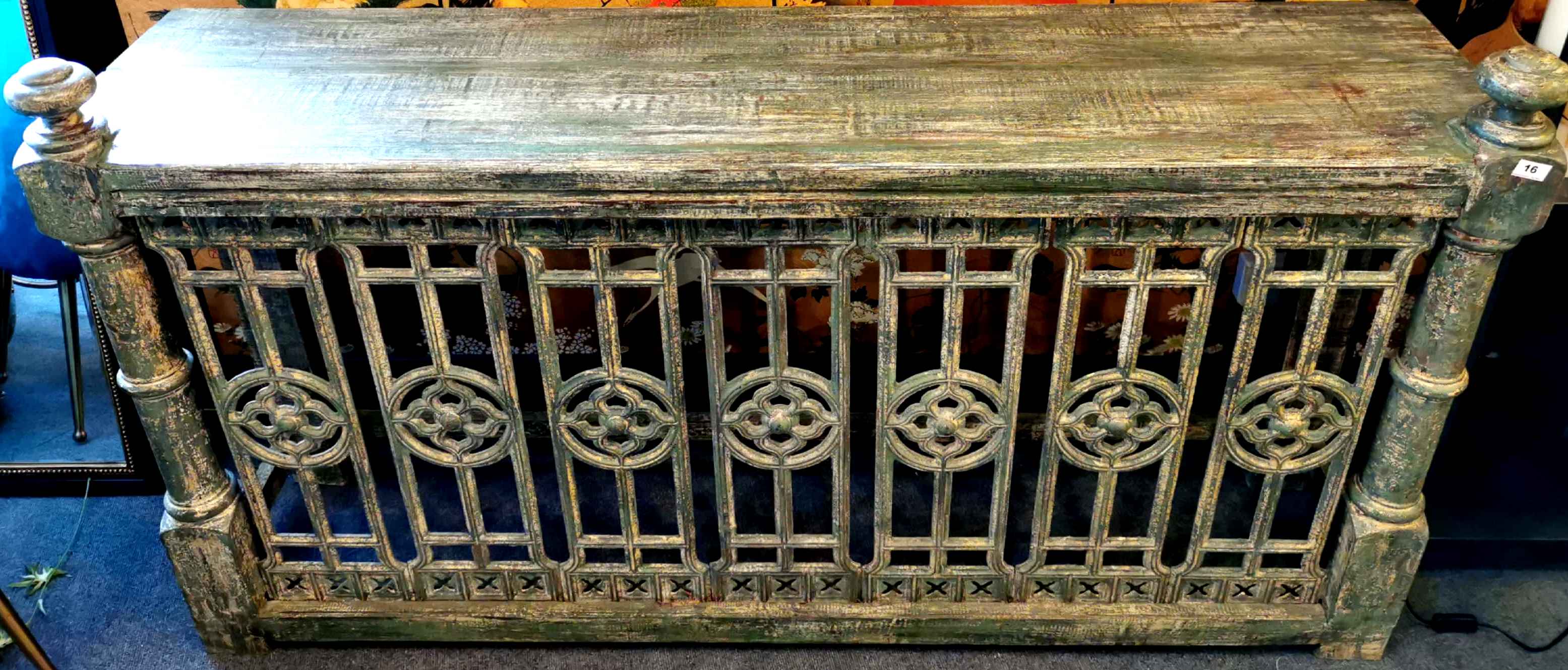 An impressive heavy handmade wooden sideboard / hall table with green paint effect finish, 175cm x - Image 2 of 4