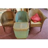Three vintage Lloyd loom chairs and lloyd loom linen basket.