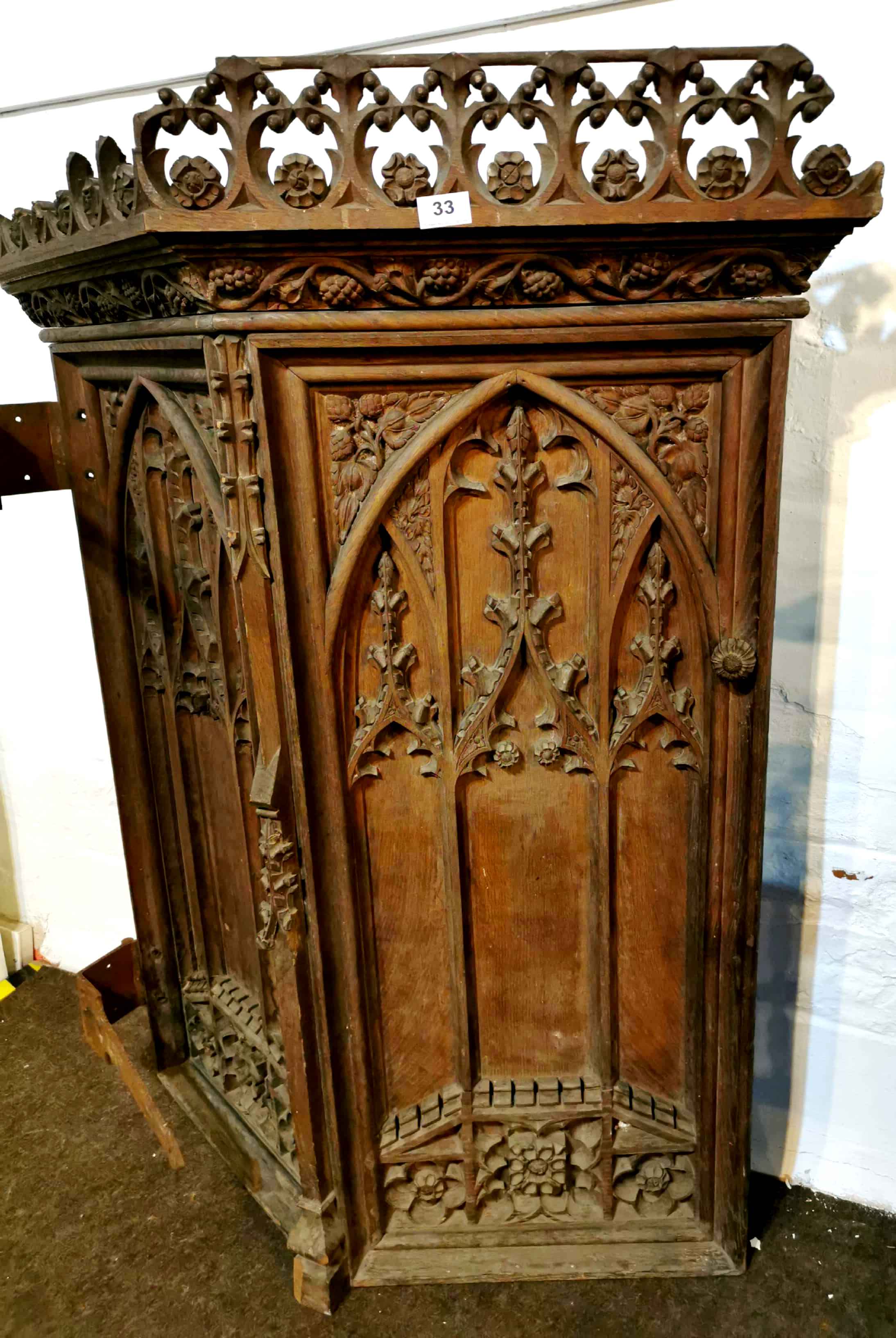 An 17th / 18th C carved church pulpit door with original iron hinges, H. 120cm x 86cm. - Image 2 of 4