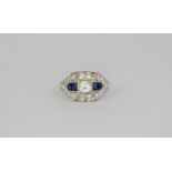 An Art Deco style platinum sapphire and diamond set ring, (M.5).