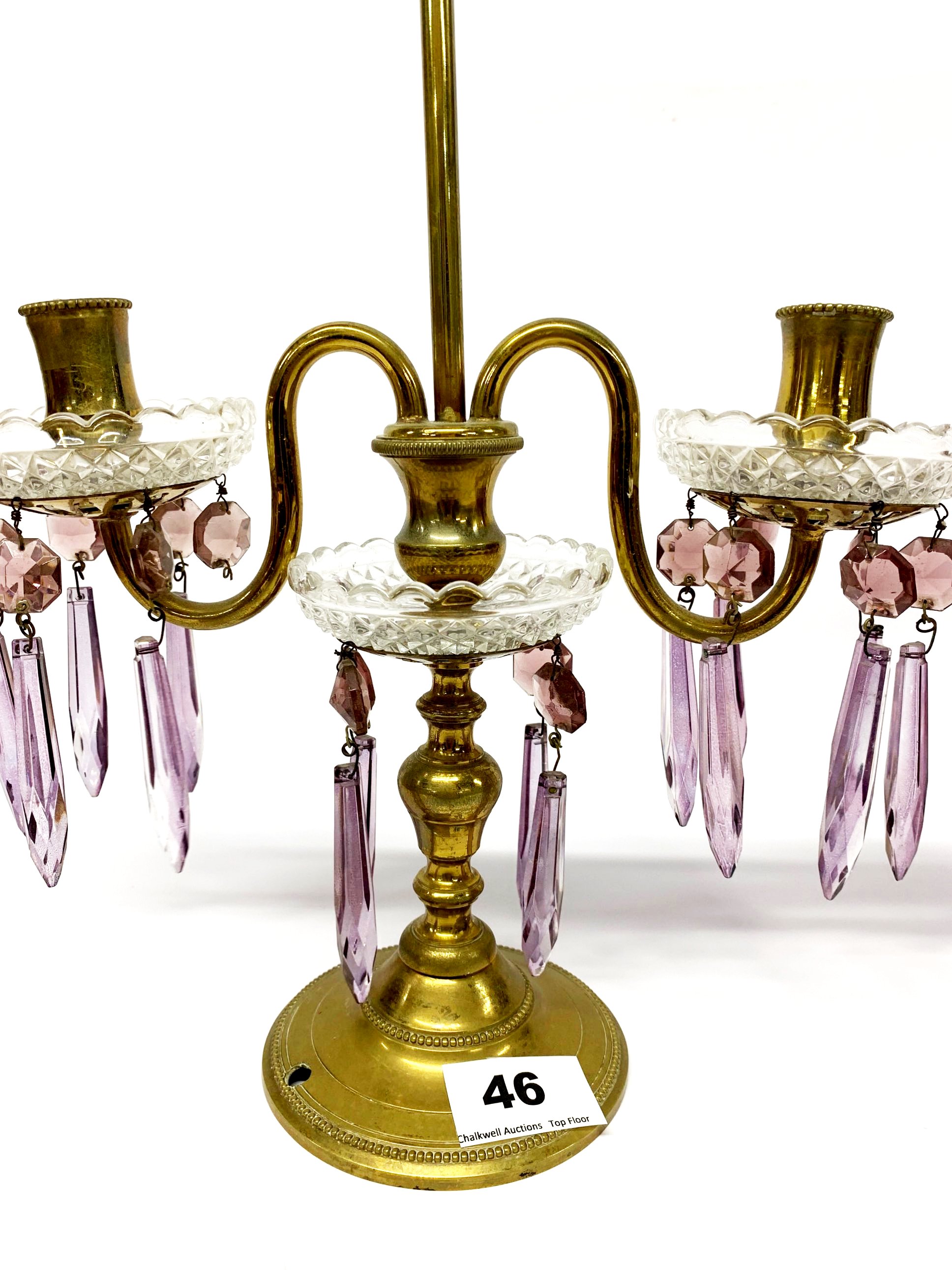 A pair of 19th Century gilt brass and glass portable candelabra with amethyst coloured drops, H. - Image 2 of 2