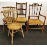 Two Victorian kitchen chairs and two rush seat chairs.