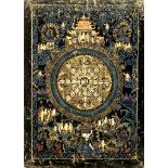 An unmounted Tibetan hand painted and gilt Mandala thangka, 30 x 39cm.