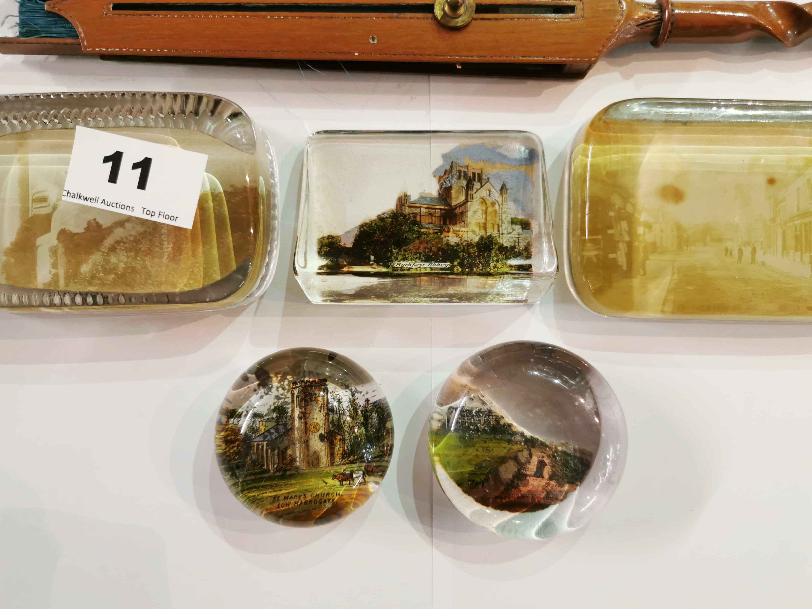 A group of five Victorian and other paper weights and an unusual wood and paper fan with turned - Image 2 of 3