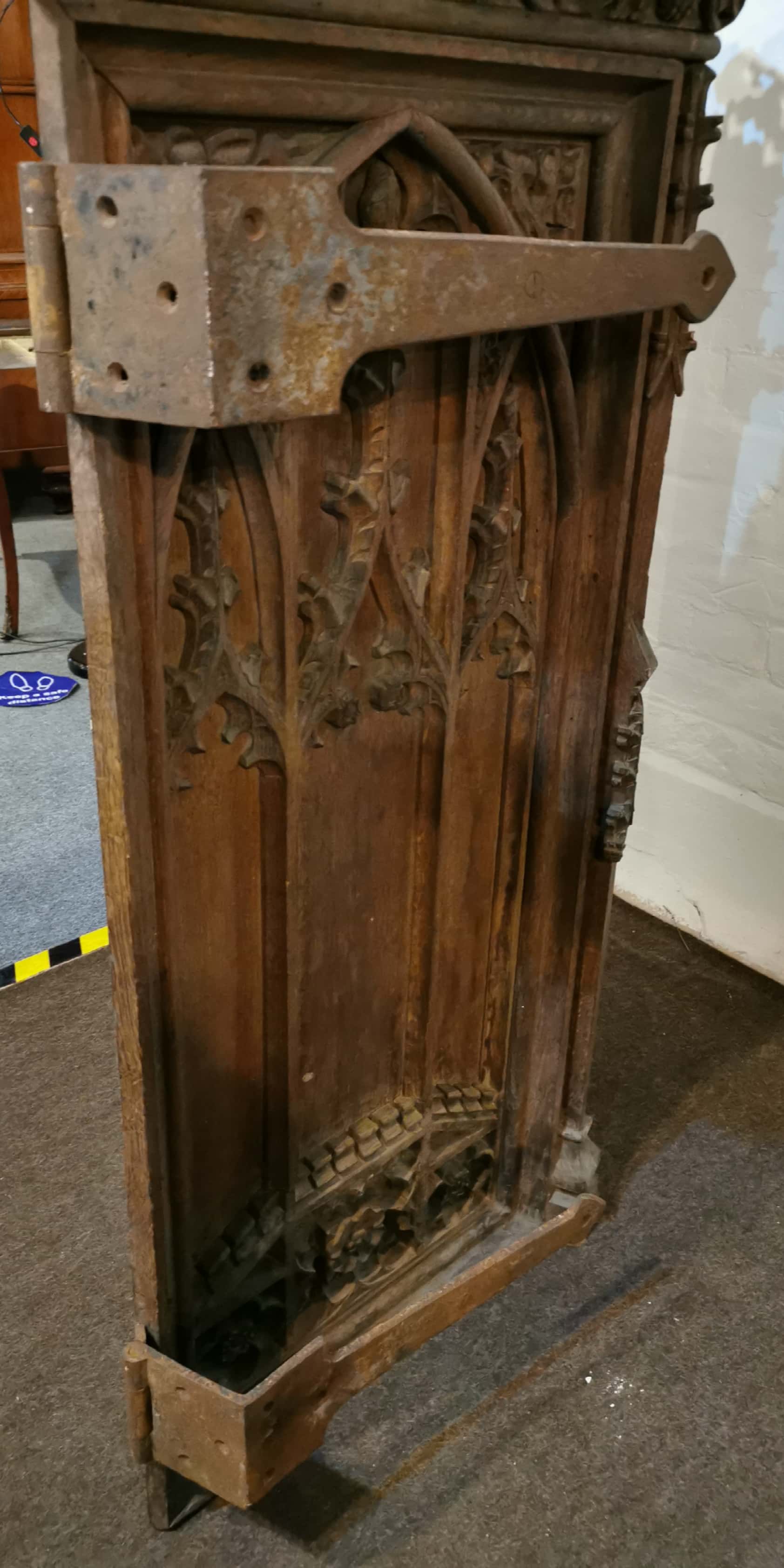 An 17th / 18th C carved church pulpit door with original iron hinges, H. 120cm x 86cm. - Image 4 of 4