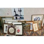 A group of 21 mixed framed prints, watercolours and tapestry, largest frame size 98cm x 49cm