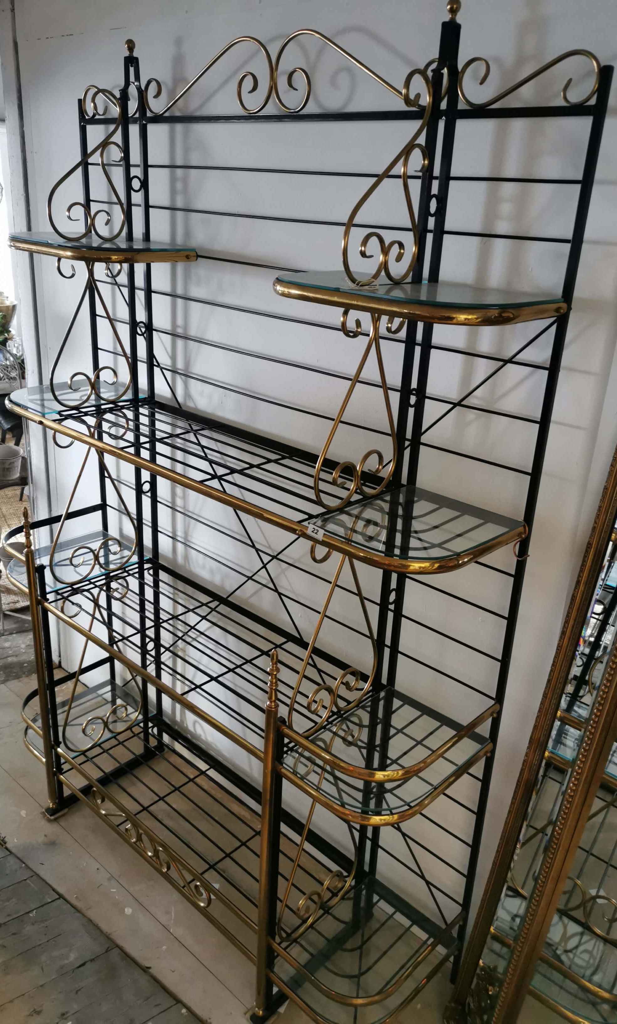 A superb large gilt brass painted metal and glass baker's rack shelving unit, W. 148cm x H. 220cm. - Image 3 of 3