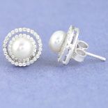 A pair of 925 silver pearl and white stone set halo earrings, Dia. 1.1cm.