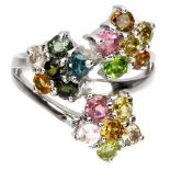 A 925 silver flower shaped crossover ring set with mixed colour tourmalines.