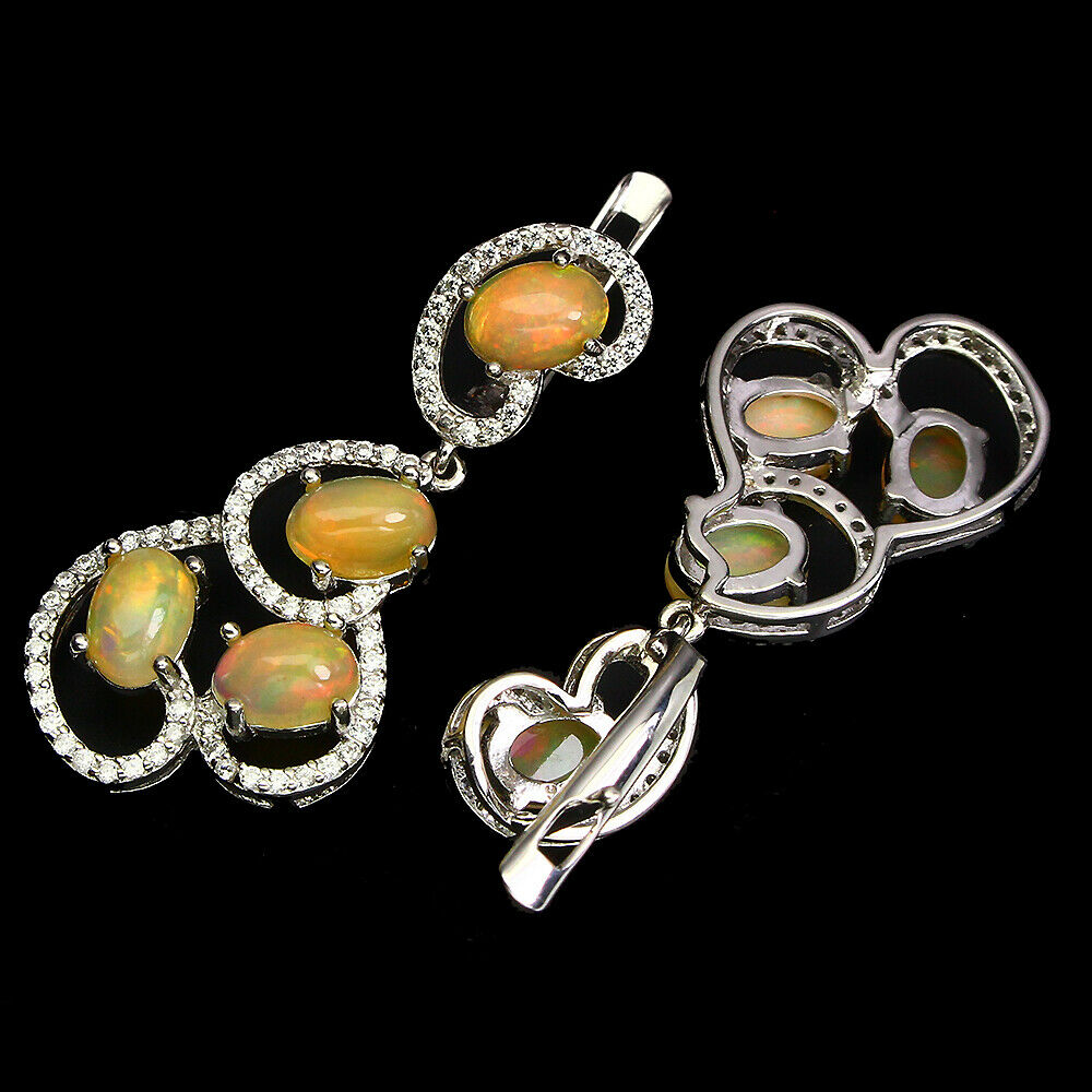 A pair of 925 silver drop earrings set with cabochon cut opals and white stones, L. 3.7cm. - Image 2 of 2