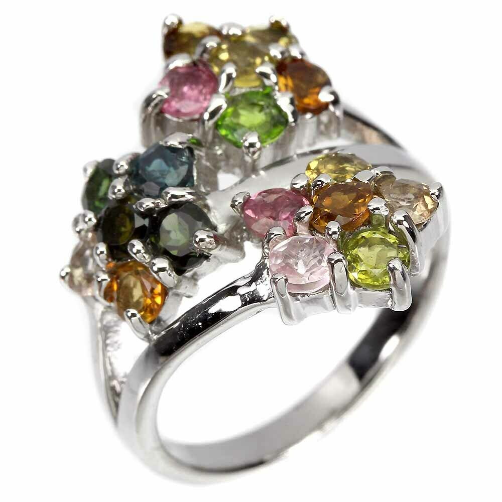 A 925 silver flower shaped crossover ring set with mixed colour tourmalines. - Image 2 of 2