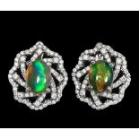 A pair of 925 silver cluster earrings set with cabochon cut opal and white stones, L. 1.6cm.