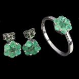 A suite of matching pair of 925 silver emerald set cluster stud earrings and ring.