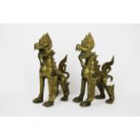 A pair of early 20th c Siamese brass/bronze temple lion figures, h. 21 cm