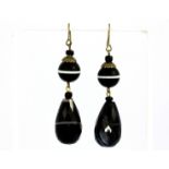 A pair of yellow metal drop earrings set with banded agate, L. 6.3cm.