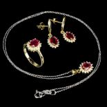 A suite of matching 925 silver gilt ring, pair of earrings and pendant and chain, set with rubies
