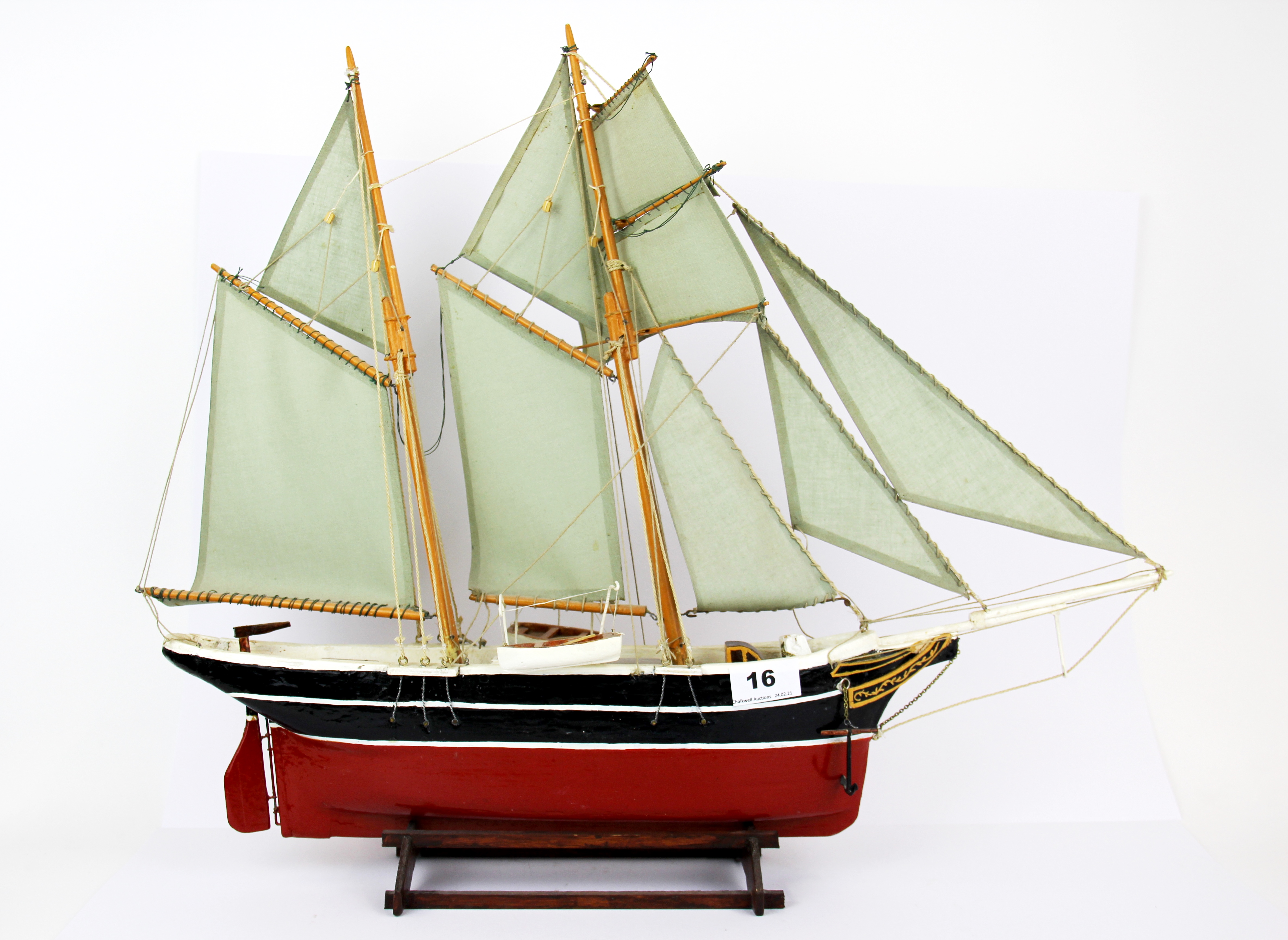 A handmade wooden model of a sailing barge, L. 58cm, H. 47cm. - Image 3 of 3