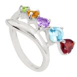 A 925 silver crossover ring set with heart cut garnet, blue topaz, amethyst, citrine and peridot, (