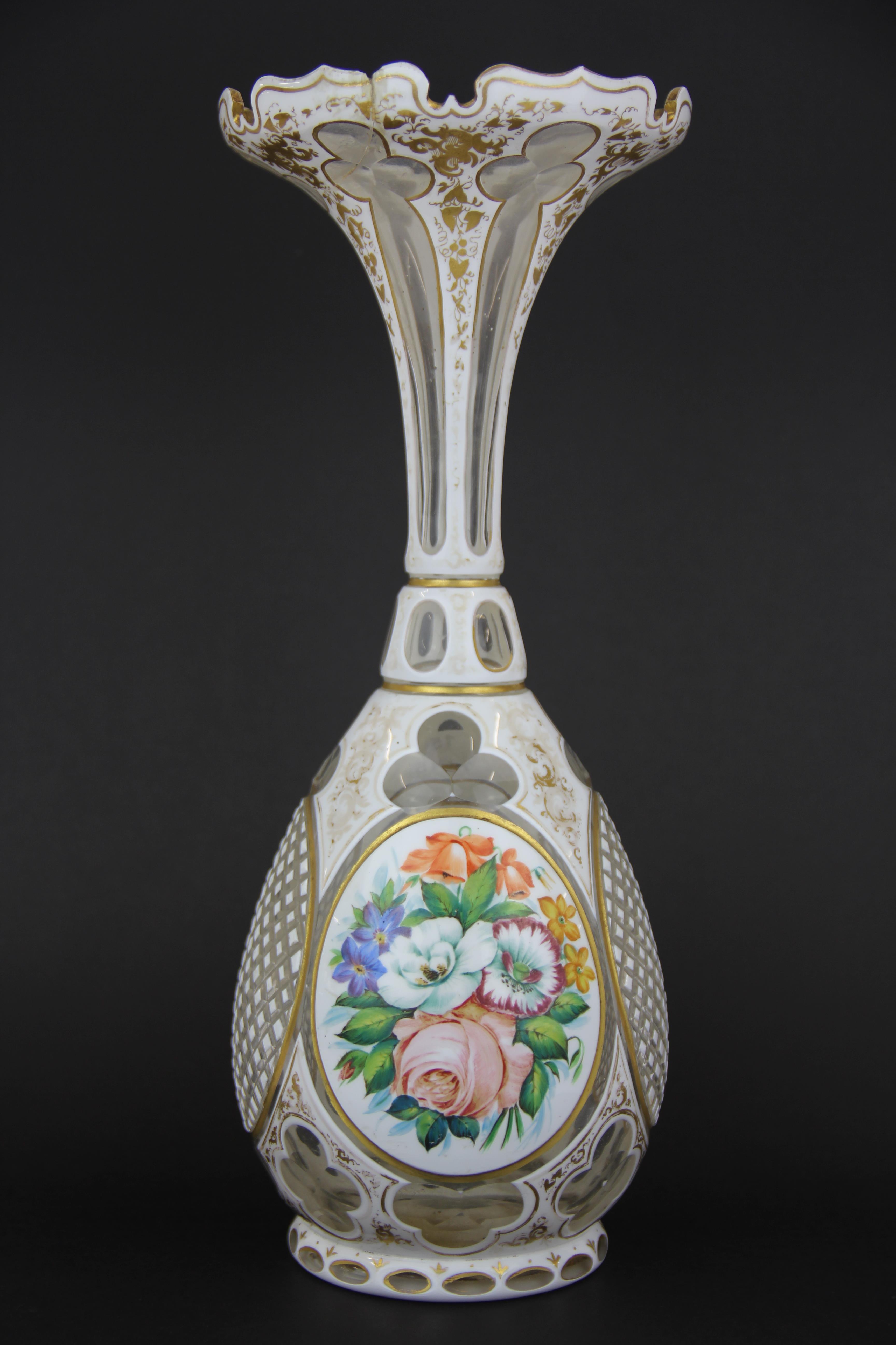 A lovely early 19th century hand painted and gilt Bohemian cut glass vase, H. 31cm, a/f to rim. - Image 2 of 3