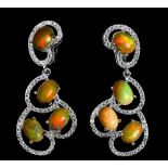 A pair of 925 silver drop earrings set with cabochon cut opals and white stones, L. 3.7cm.