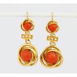 A pair of yellow metal (tested high carat gold) drop earrings set with polished coral and pearls, L.