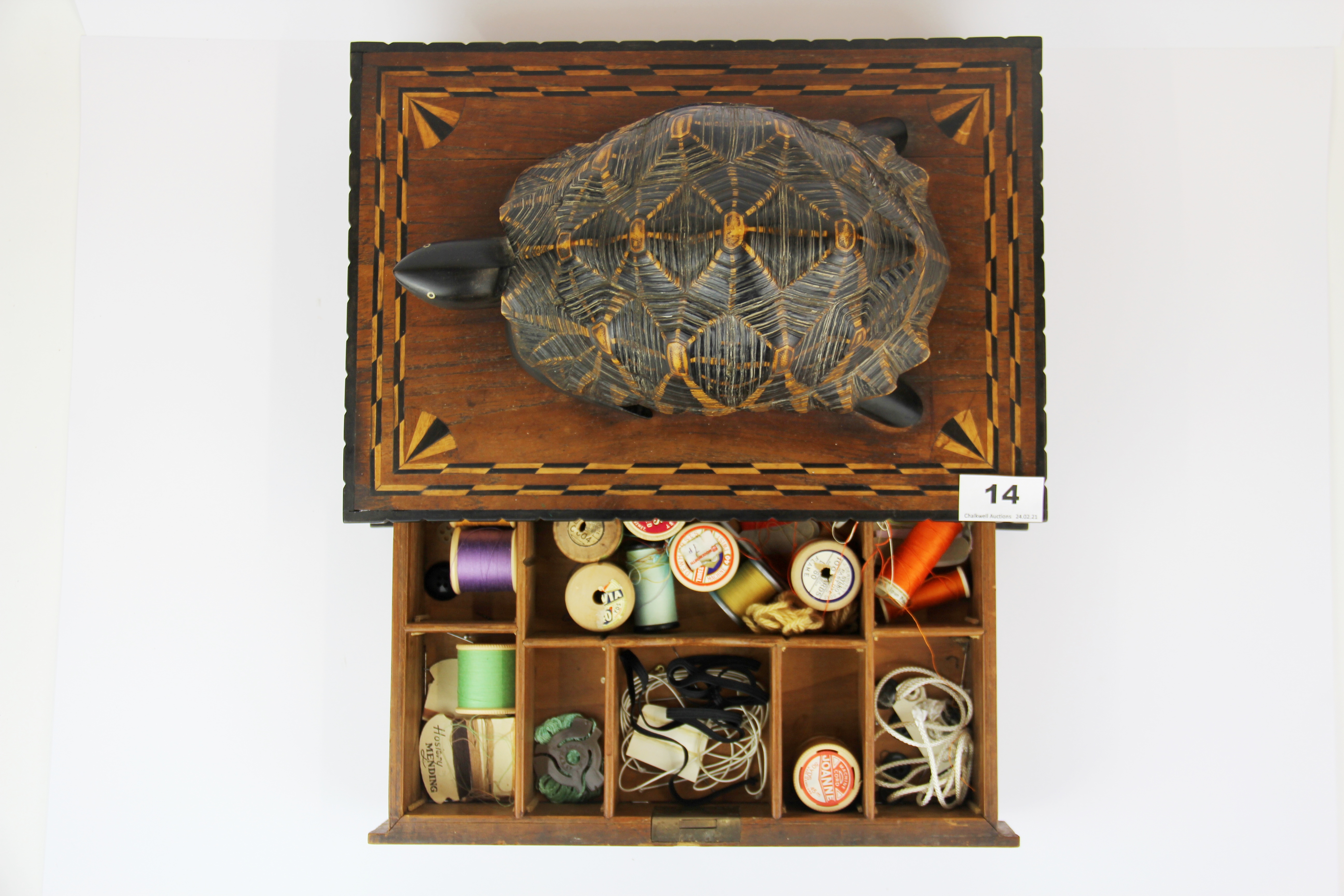 A 19th century colonial inlaid workbox, with a tortoiseshell and inlaid jewellery box on the lid, 33 - Image 3 of 3