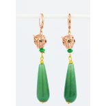 A pair of rose gold gilt drop earrings set with polished jade, L. 7cm.