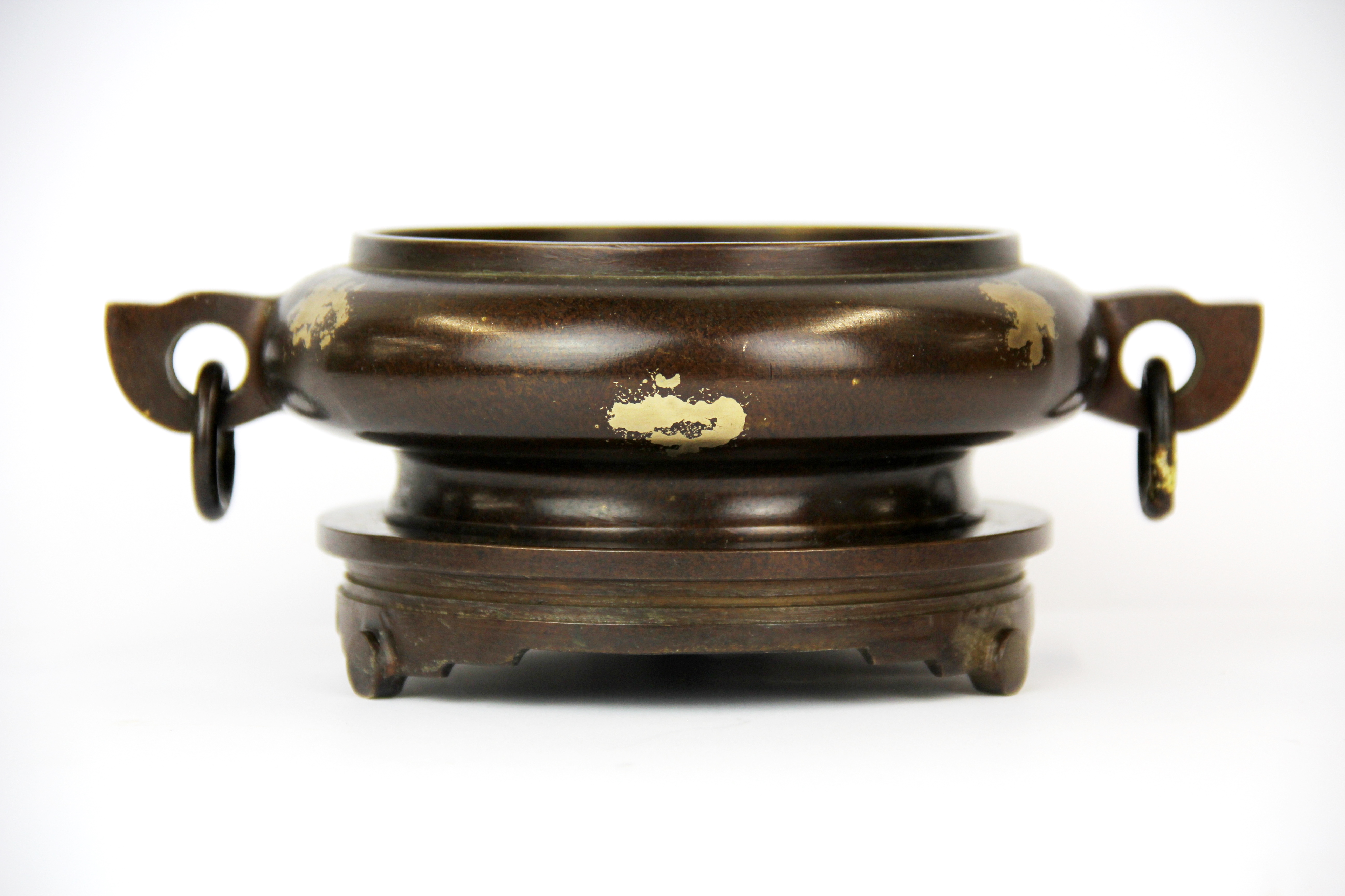 A superb Chinese cast bronze censer and stand with gilt splash decoration, W. 21cm, H. 8.5cm.
