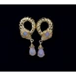 A boxed pair of 925 silver gilt opal set drop earrings, L. 3.5cm.
