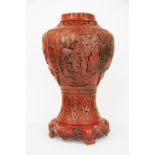 An impressive large Chinese cinnabar lacquer vase mounted on a painted cast brass/bronze base, H.