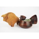 A studio pottery cockerel bowl and a studio pottery bison, L. 20cm.